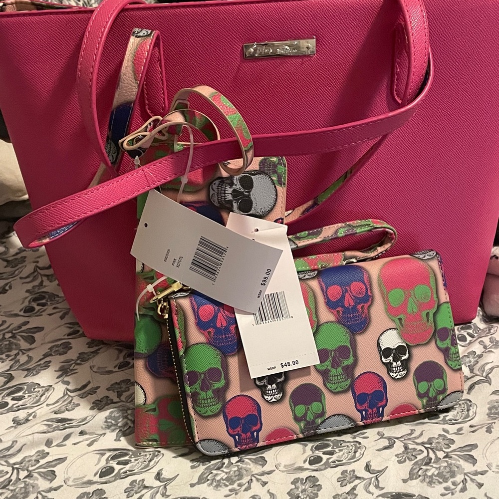 Betsey Johnson Pink Tote with Multicolor Skull Pouch and Wallet